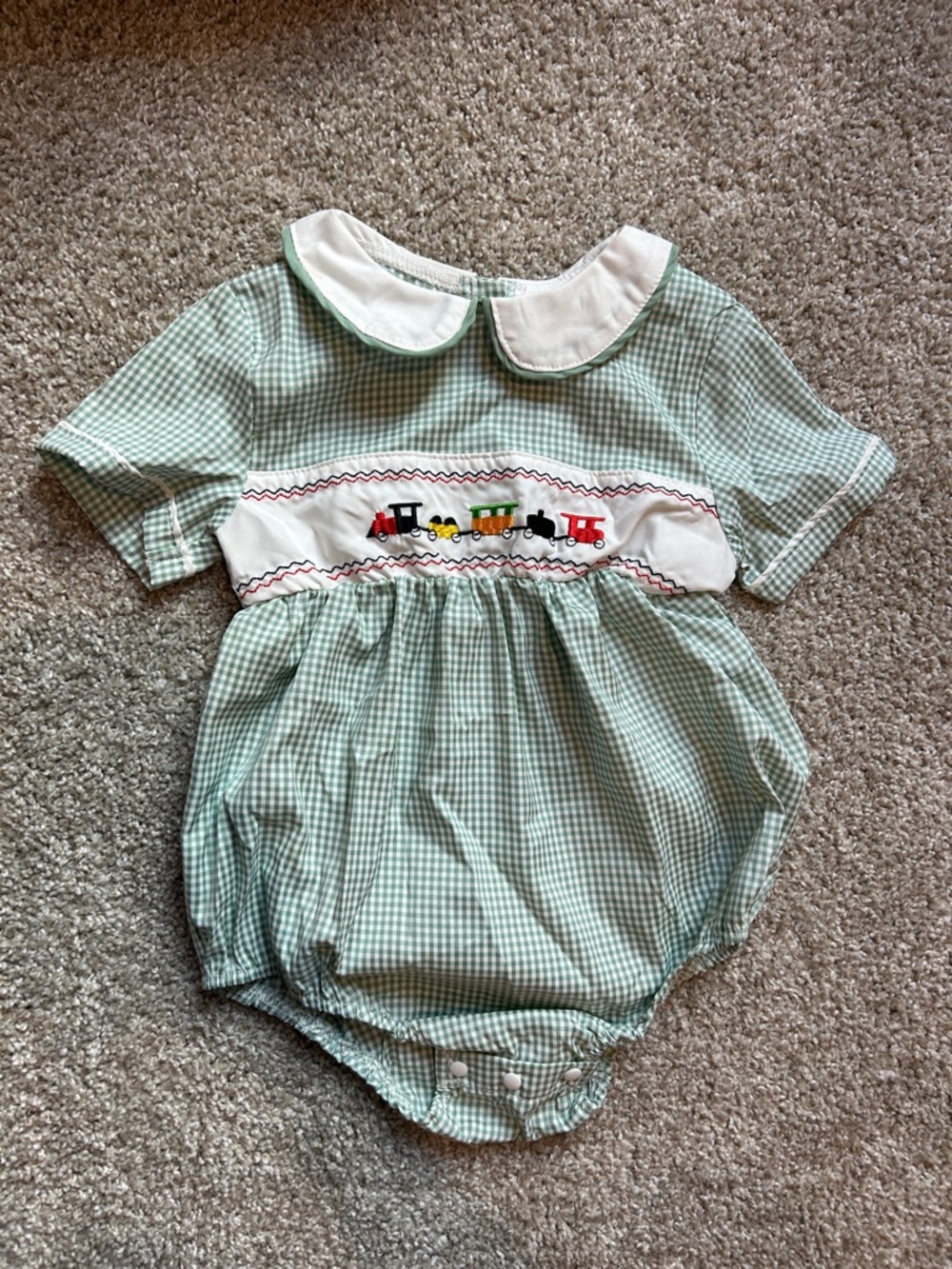 Green Gingham Baby Bubble Romper with Train Embroidery